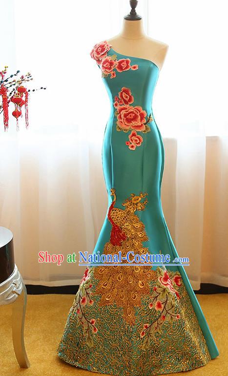 Chinese Traditional Compere Blue Full Dress Cheongsam Chorus Costume for Women