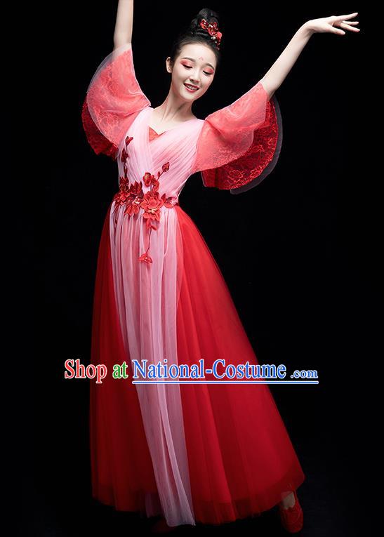 Chinese Traditional Chorus Costumes Modern Dance Red Dress for Women