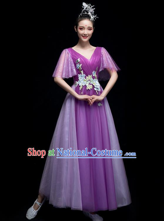 Chinese Traditional Chorus Costumes Modern Dance Purple Dress for Women