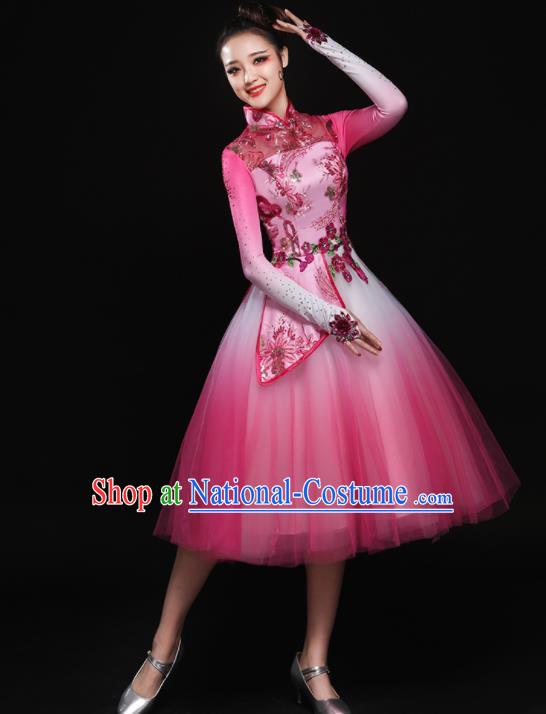 Chinese Traditional Classical Dance Pink Dress Umbrella Dance Chorus Costume for Women