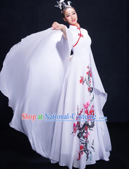 Chinese Traditional Classical Dance White Dress Umbrella Dance Costume for Women