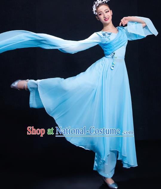 Chinese Traditional Fan Dance Blue Water Sleeve Dress Classical Umbrella Dance Costume for Women