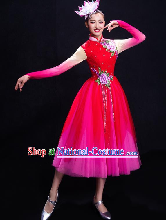 Chinese Traditional Fan Dance Rosy Dress Classical Umbrella Dance Costume for Women