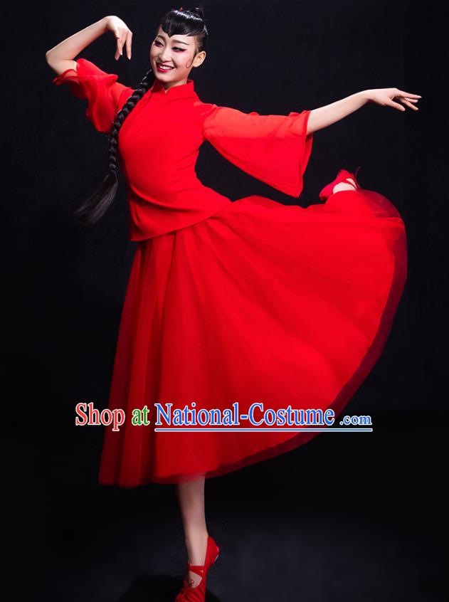 Chinese Traditional Yangko Dance Umbrella Dance Red Clothing Classical Dance Costume for Women