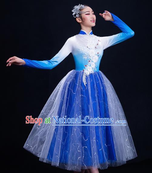 Chinese Traditional Umbrella Dance Blue Dress Classical Dance Costume for Women