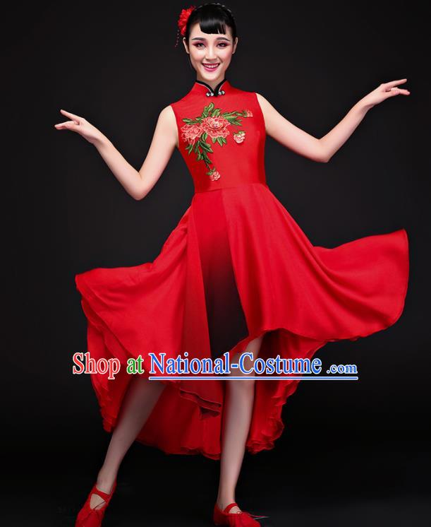 Chinese Traditional Umbrella Dance Red Dress Classical Dance Chorus Costume for Women