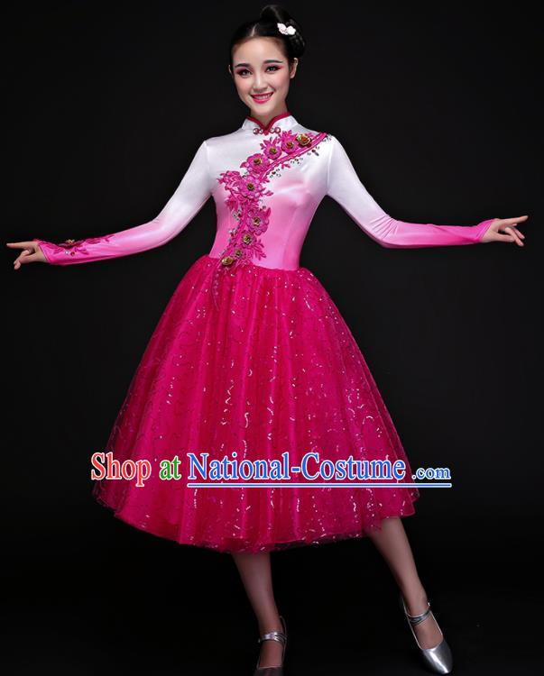 Chinese Traditional Chorus Folk Dance Rosy Dress Classical Dance Costume for Women