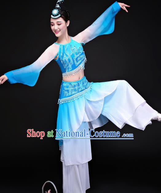 Chinese Traditional Folk Dance Blue Clothing Classical Umbrella Dance Costume for Women