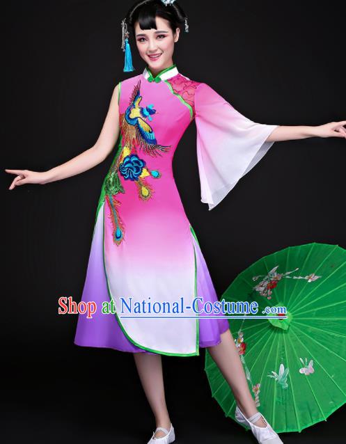 Chinese Traditional Folk Dance Rosy Dress Classical Umbrella Dance Costume for Women