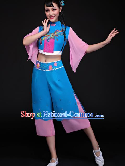 Chinese Traditional Folk Dance Yangko Blue Clothing Classical Umbrella Dance Costume for Women