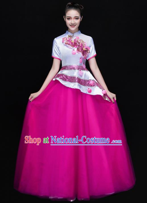 Professional Chorus Costumes Chinese Classical Dance Folk Dance Compere Rosy Dress for Women