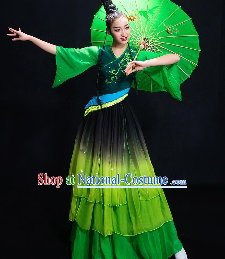 Chinese Traditional Classical Fan Dance Green Dress Umbrella Dance Costume for Women