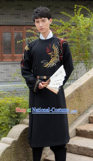 Chinese Traditional Ming Dynasty Swordsman Costume Ancient Embroidered Black Robe for Men