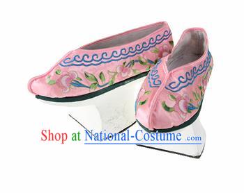 Asian Chinese Ancient Qing Dynasty Palace Saucers Shoes Traditional Pink Embroidered Shoes for Women