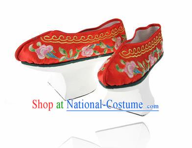 Asian Chinese Ancient Qing Dynasty Palace Saucers Shoes Traditional Red Embroidered Shoes for Women