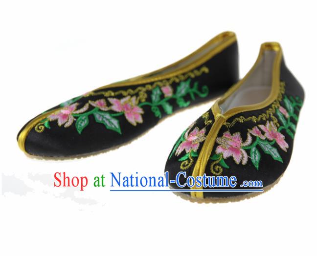 Asian Chinese Ancient Black Satin Hanfu Shoes Traditional Embroidered Shoes for Kids