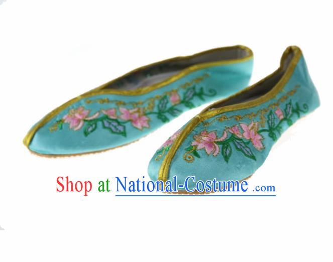 Asian Chinese Ancient Green Satin Hanfu Shoes Traditional Embroidered Shoes for Kids