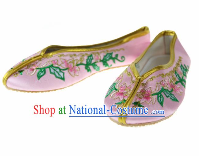 Asian Chinese Ancient Pink Satin Hanfu Shoes Traditional Embroidered Shoes for Kids