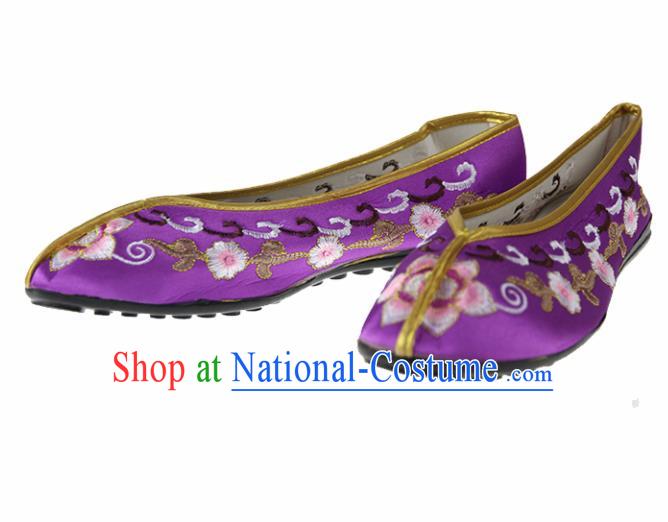 Asian Chinese Traditional Purple Blood Stained Shoes Ancient Embroidered Shoes for Women