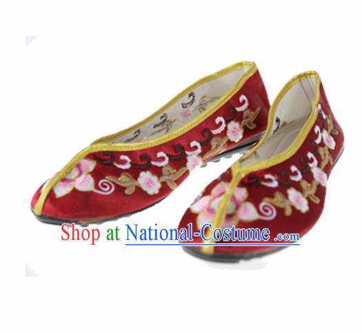 Asian Chinese Traditional Wine Red Blood Stained Shoes Ancient Embroidered Shoes for Women