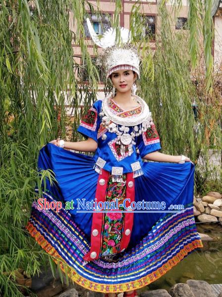 Chinese Traditional Miao Nationality Costume Hmong Bride Embroidered Blue Dress and Headpiece for Women