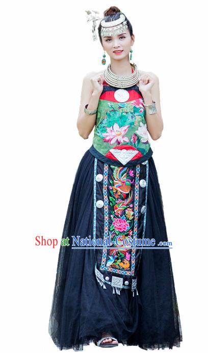 Chinese Traditional Zhuang Nationality Embroidered Lotus Costumes Hmong Dress and Headpiece for Women