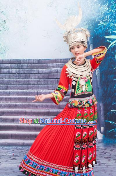 Traditional Chinese Miao Minority Wedding Costumes Hmong Embroidered Red Dress and Headwear for Women