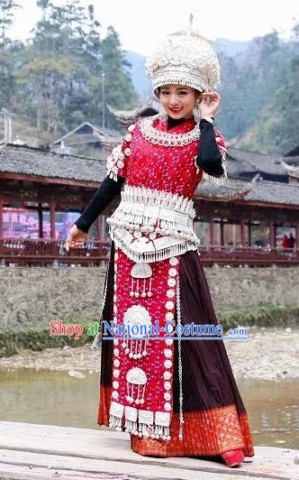 Traditional Chinese Miao Minority Costumes Hmong Female Embroidered Dress and Headpiece Complete Set