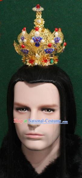 Chinese Traditional King Hair Accessories Ancient Tang Dynasty Emperor Blueing Chrysanthemum Hairdo Crown for Men