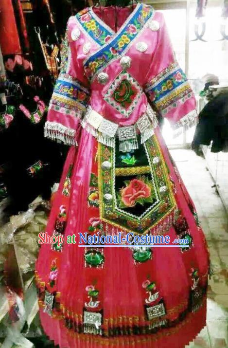 Traditional Chinese Miao Minority Wedding Costumes Hmong Embroidered Pink Dress for Women