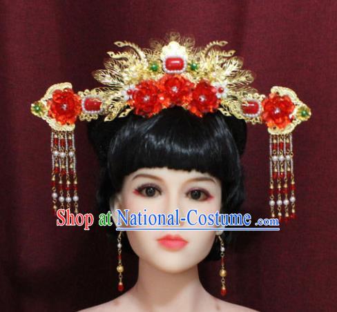 Chinese Ancient Palace Red Peony Hair Accessories Handmade Tang Dynasty Princess Phoenix Coronet Hairpins for Women