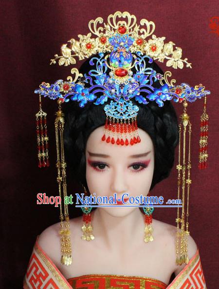 Chinese Ancient Queen Blueing Hair Accessories Tang Dynasty Empress Phoenix Coronet Hairpins for Women