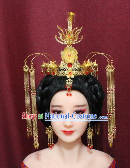 Chinese Traditional Handmade Hair Accessories Ancient Ming Dynasty Queen Golden Phoenix Coronet Hairpins for Women