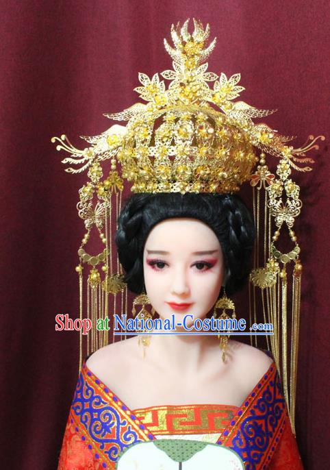 Chinese Traditional Handmade Hair Accessories Ancient Ming Dynasty Empress Golden Phoenix Coronet Hairpins for Women