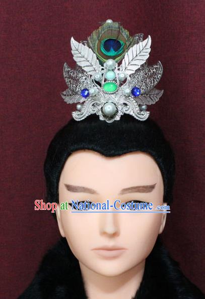 Chinese Traditional Swordsman Feather Hair Accessories Ancient Han Dynasty Prince Hairdo Crown for Men