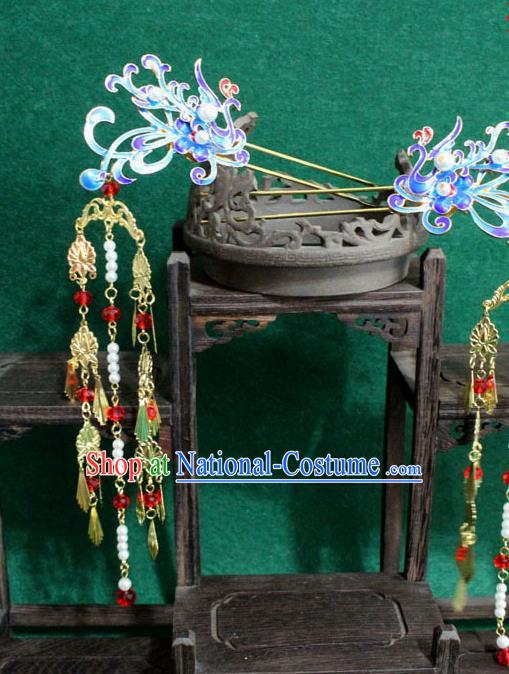 Chinese Ancient Empress Handmade Hair Accessories Blueing Phoenix Hairpins for Women