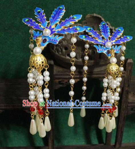 Chinese Ancient Empress Handmade Hair Accessories Blueing Phoenix Tassel Hairpins for Women