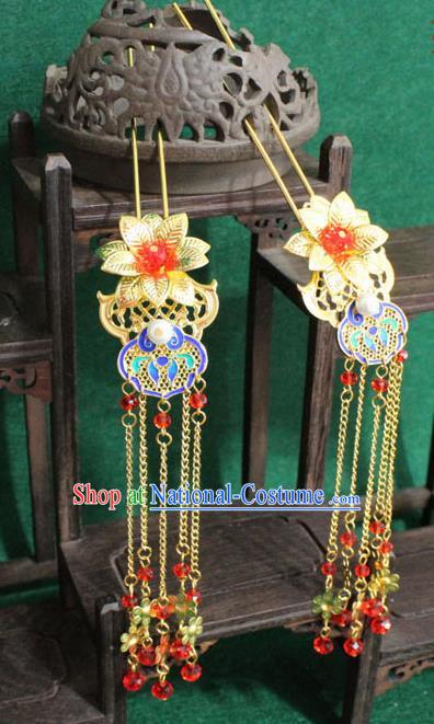 Chinese Ancient Empress Handmade Hair Accessories Golden Lotus Tassel Hairpins for Women