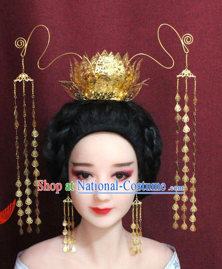 Chinese Ancient Empress Handmade Golden Lotus Phoenix Coronet Hair Accessories Hairpins for Women