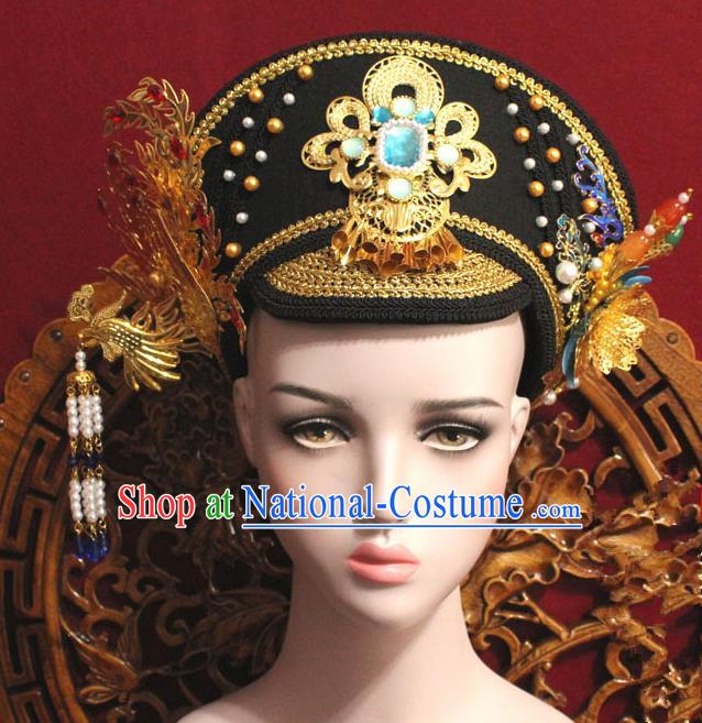 Chinese Ancient Qing Dynasty Empress Handmade Golden Phoenix Coronet Hair Accessories Hairpins for Women