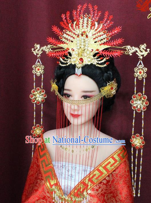 Chinese Ancient Ming Dynasty Empress Hair Accessories Red Phoenix Coronet Hairpins for Women