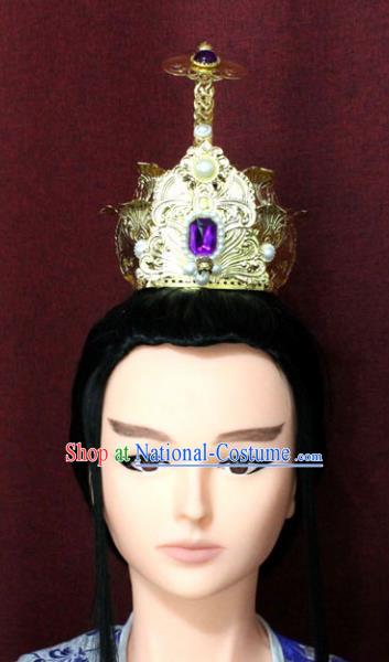 Chinese Traditional Tang Dynasty Swordsman Purple Crystal Hairdo Crown Ancient Prince Hair Accessories for Men