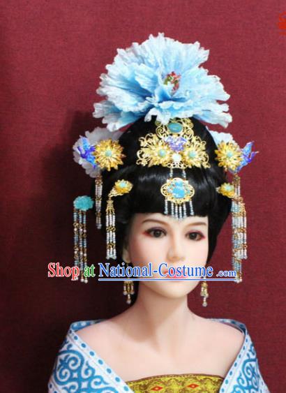 Chinese Handmade Imperial Consort Phoenix Coronet Blue Peony Hairpins Ancient Peri Hair Accessories for Women