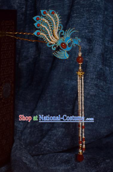 Chinese Ancient Qing Dynasty Phoenix Tassel Step Shake Hair Accessories Handmade Hairpins for Women