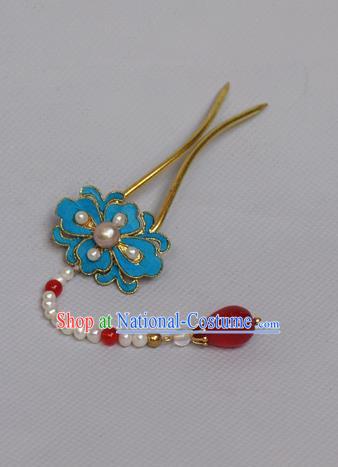 Chinese Ancient Qing Dynasty Palace Lotus Hair Accessories Handmade Tian-Tsui Pearls Tassel Hairpins for Women