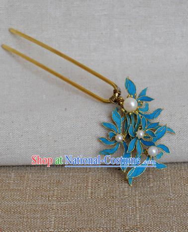 Chinese Handmade Hair Accessories Pearls Blueing Hairpins Ancient Hanfu Hair Clip for Women