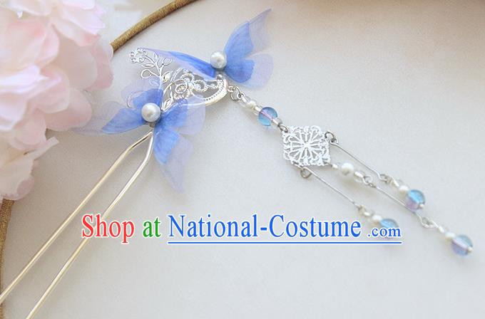 Chinese Ancient Hair Accessories Hanfu Blue Butterfly Hair Clip Handmade Hairpins for Women