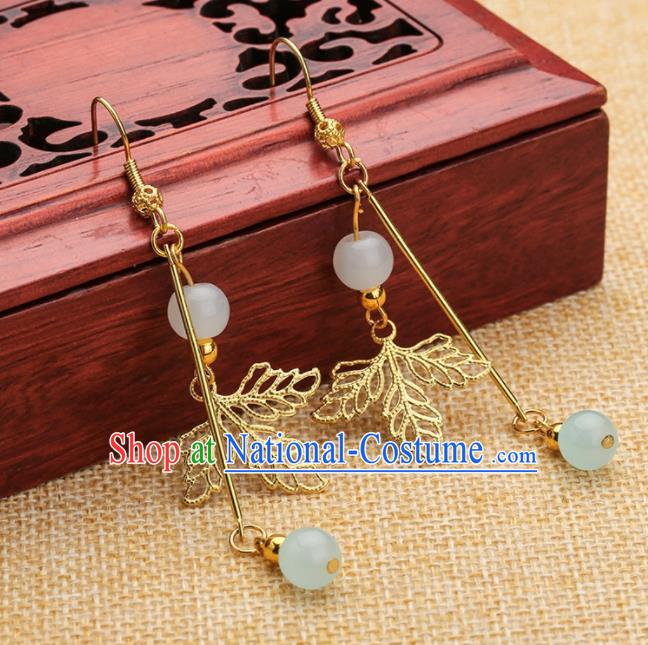 Asian Chinese Traditional Jewelry Accessories Hanfu Golden Leaf Earrings for Women