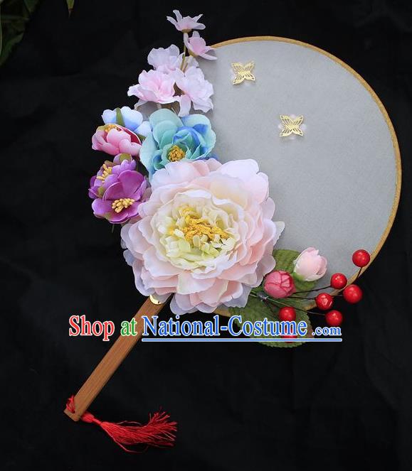 Chinese Traditional Palace Fans Ancient Wedding Pink Peony Round Fans for Women