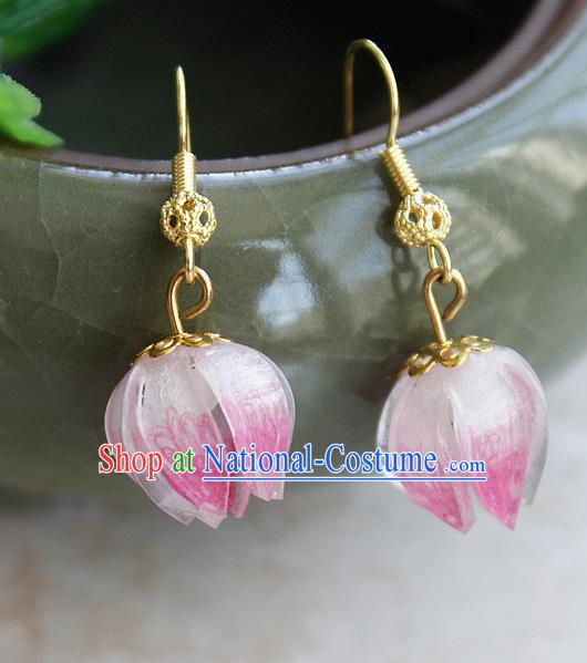 Asian Chinese Traditional Jewelry Accessories Hanfu Traditional Pink Flower Bud Earrings for Women